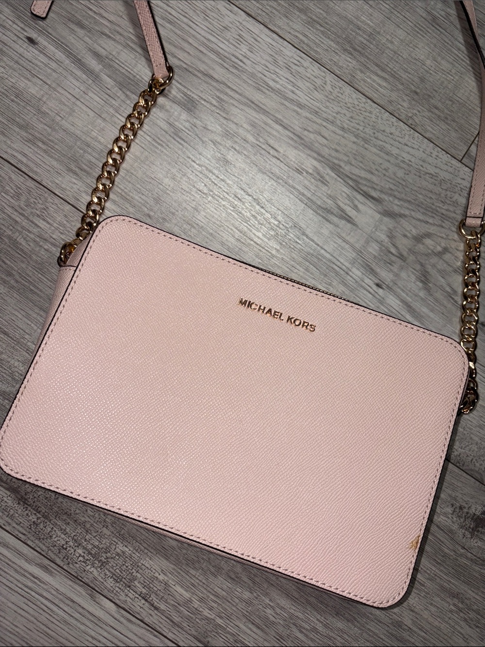 Michael Kors Pale Pink Saffiano Crossbody with Gold Chain Strap